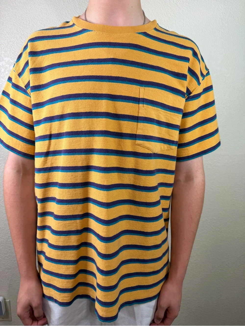 Urban Outfitters Mens Striped Pocket T-Shirt Size M Yellow Blue Retro Y2K Skate
